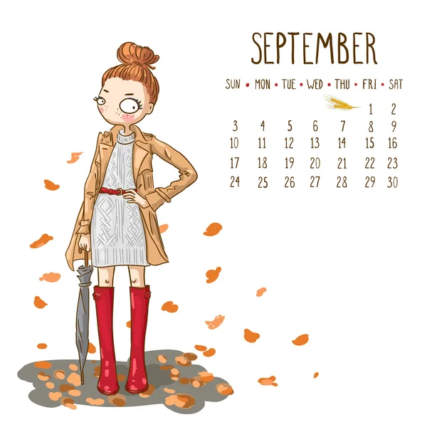 Kalendarz w 2017 roku, miesiąca września. Sezon design dziewczyny. Wektor pokazanego — Wektor stockowy
