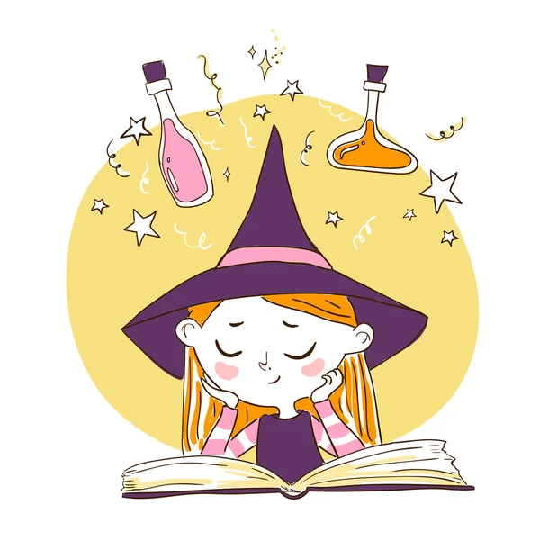 Cute little girl witch. — Stock Vector