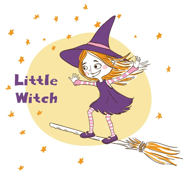 Cute little witch flying. — Stock Vector