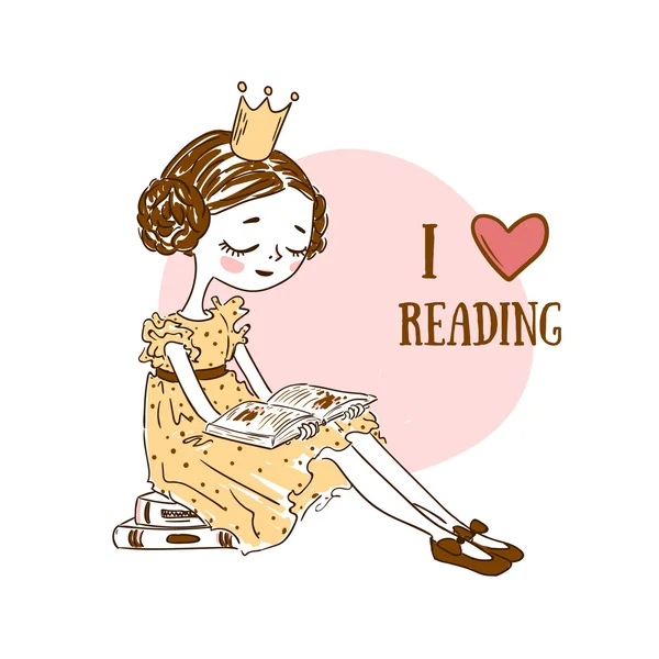 Doodle illustration d'une drôle de petite princesse de lecture — Image vectorielle