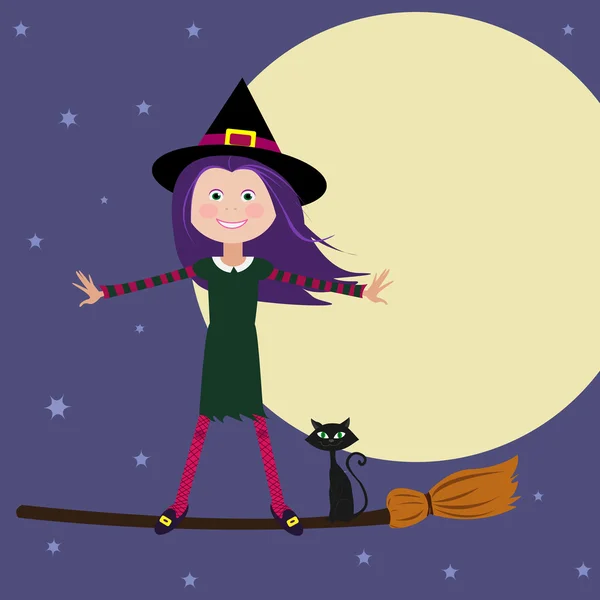 Bruja de Halloween volando junto a la luna — Vector de stock