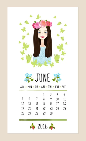Calendar for 2016 with cute season girl. Vector illustration — Stock Vector