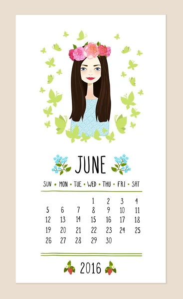 Calendario para 2016 con linda chica de temporada. Ilustración vectorial — Vector de stock