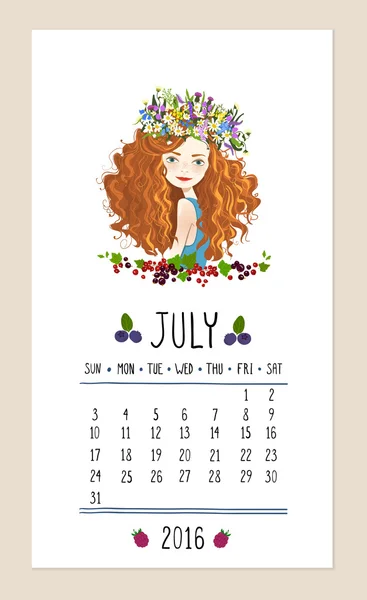 Календарь на 2016 год с симпатичной девушкой сезона. Векторная иллюстрация — стоковый вектор