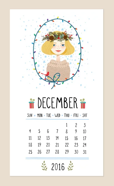 Ημερολόγιο για το 2016 με χαριτωμένο σεζόν κορίτσι. Vector εικονογράφηση — Διανυσματικό Αρχείο