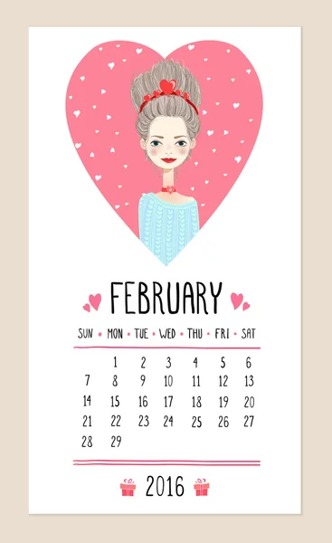 Calendario para 2016 con linda chica de temporada. Ilustración vectorial — Vector de stock