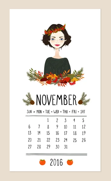 Calendario para 2016 con linda chica de temporada. Ilustración vectorial — Vector de stock