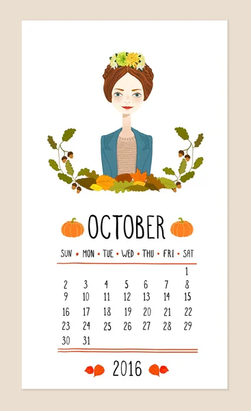 Calendario para 2016 con linda chica de temporada. Ilustración vectorial — Vector de stock