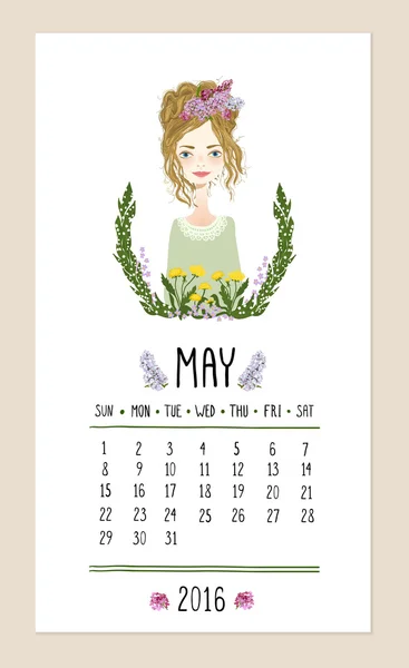 Calendario para 2016 con linda chica de temporada. Ilustración vectorial Vectores De Stock Sin Royalties Gratis