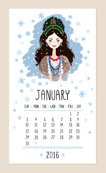 Calendario para 2016 con linda chica de temporada. Ilustración vectorial Gráficos Vectoriales