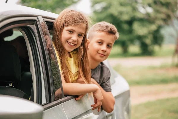 Two Happy Kids Waving Hands Car Windows Brother Sister Having — Stock Photo, Image