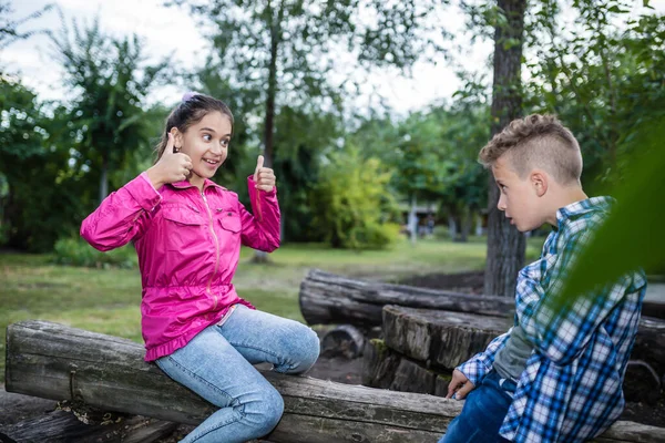 Pequenos Amigos Felizes Divertindo Jogando Enquanto Sentado Parque Menina Sorridente — Fotografia de Stock