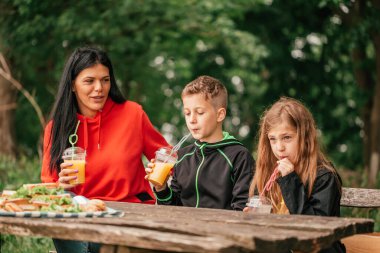 İki çocuklu güzel anne ormanda bir piknik masasında meyve suyu içiyor. Mutlu aile doğanın tadını çıkarır ve birlikte eğlenir. Seçici odak.