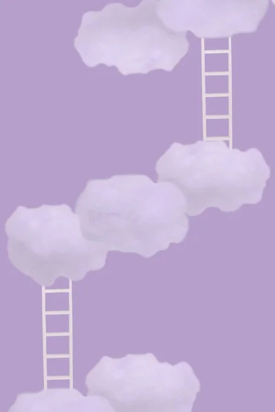 Ideia Criativa Com Nuvens Brancas Escadas Fundo Pastel Moda Conceito — Fotografia de Stock