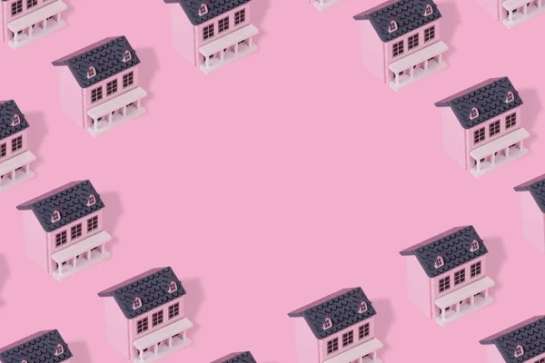 Trendy Patroon Gemaakt Met Roze Houten Huis Een Pastel Roze — Stockfoto