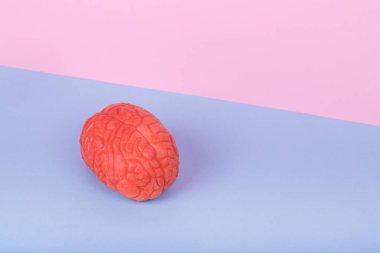 Pastel mavi ve pembe arka planda insan beyni olan yaratıcı minimal sahne. En az sanat anlayışı olan akıl sağlığı. Boşluğu kopyala