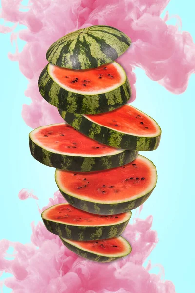 Ripe Watermelon Cut Pieces Flying Air Pink Paint Splash Floating — Stock Photo, Image