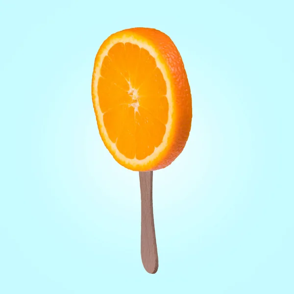 Orangenscheiben Auf Einem Eis Stiel Auf Blauem Hintergrund Minimales Kreatives — Stockfoto