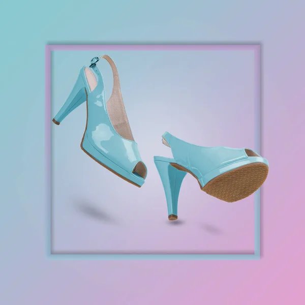 Elegant Blue Sandals High Heels Trendy Background Illuminated Blue Pink — Stock Photo, Image