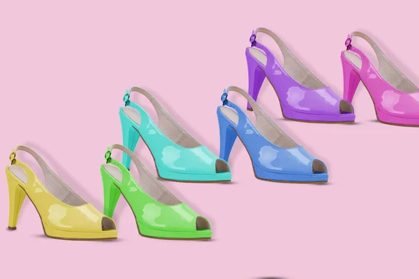 Módní Vzor Mnoha Elegantních Sandálů Vysokými Podpatky Růžovém Pozadí Kreativní — Stock fotografie