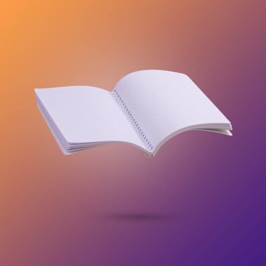 Mor ve turuncu renk gradyanı ile aydınlatılan modaya uygun bir arka planda havada süzülen bir defterden yaratılmış yaratıcı bir fikir. Asgari, kavramsal sanat. Reklam, pazarlama ve reklamlar için uygun. Boşluğu kopyala