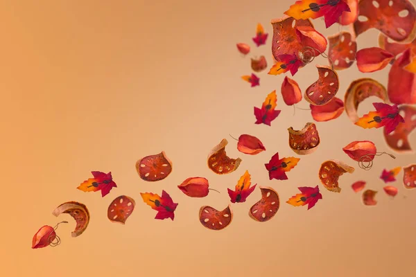 Creative and trendy autumn colorful background made of swirling leaves and sliced dried pumpkin. Minimal season concept.