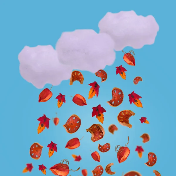 Bulutların Renkli Sonbahar Yapraklarından Yapılmış Yağmur Damlalarının Dilimlenmiş Balkabağının Olduğu — Stok fotoğraf