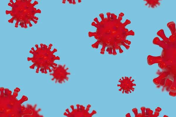 红色浮出的病原体呼吸道流感病毒共生体电晕病毒细胞 蓝色背景下的危险的考拉病毒毒株显微镜观察 Coronavirus Covid — 图库照片
