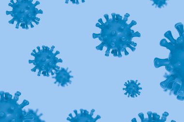 Süzülen patojen solunum gribi covid corona virüs hücresi. Tehlikeli koronavirüs gribi mavi arka planda mikroskobik bir görüntü oluşturur. Coronavirus COVID-19.