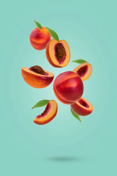 Flying fresh ripe nectarines - peaches with green leaves levitating  against pastel green background. Creative minimal concept of food levitation.