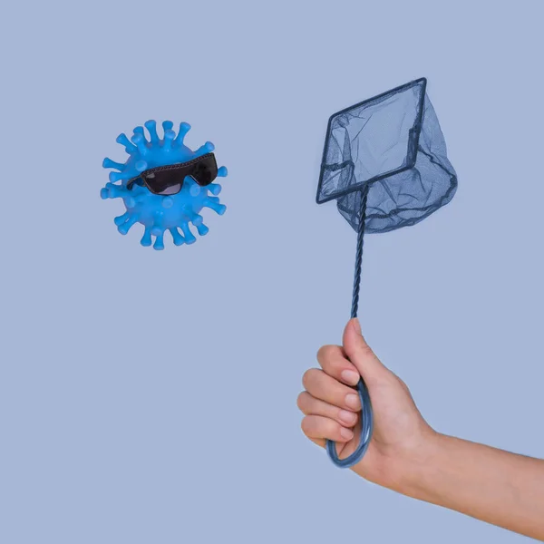 与考罗纳维的战斗的抽象概念 人类的手拿着网 用太阳镜捕捉到有趣的蓝色头皮象 创造性的最小幽默概念 防止结肠病毒 免版税图库图片