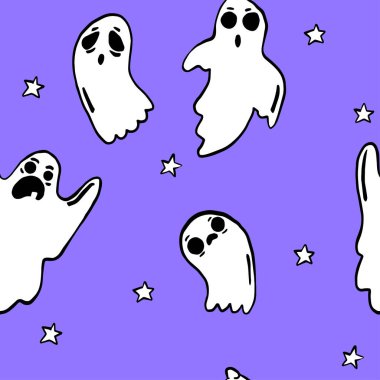 Hayaletlerle cadılar bayramı. İyi çocuklar, tekstil, ambalaj kağıdı, kapak, arka plan, duvar kâğıdı gibi cadılar bayramı dokusunu korkutur. Çizgi film hayaletleriyle kusursuz bir desen..