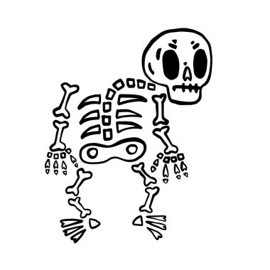 İskeletin el çizimi vektör klipsi sanatı. Cadılar Bayramı için boyama kitabı sayfası. Boyama sayfası. Siyah ve Beyaz Çizgi Film İllüstrasyonu. Ölüler Günü