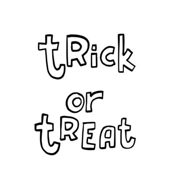 Cadılar Bayramı için el çizimi vektör klipsi. Şeker mi şaka mı? Cadılar Bayramı için boyama kitabı sayfası. Boyama sayfası. Siyah ve Beyaz Çizgi Film İllüstrasyonu.