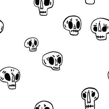 Elle çizilmiş kafatası ile kusursuz desen. Komik karikatür kafatası. Vektör illüstrasyonu.