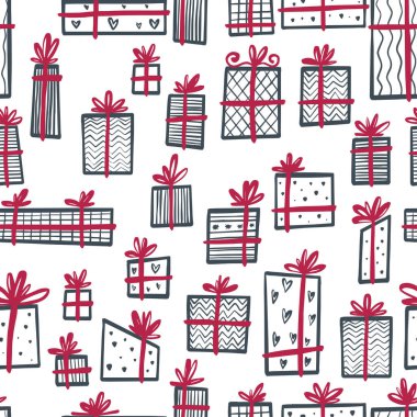 Elle çizilmiş Noel hediyeli desen. İskandinav tarzında, minimalist bir tasvir. Arkaplan, ambalaj, tekstil ve diğer tasarımlar için.