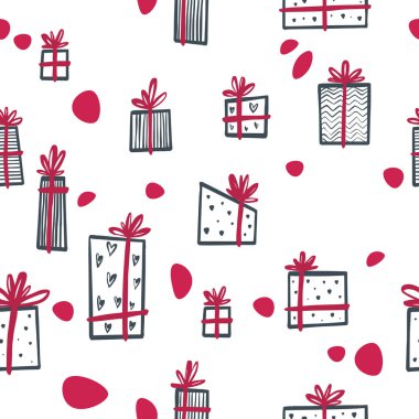Elle çizilmiş Noel hediyeli desen. İskandinav tarzında, minimalist bir tasvir. Arkaplan, ambalaj, tekstil ve diğer tasarımlar için.