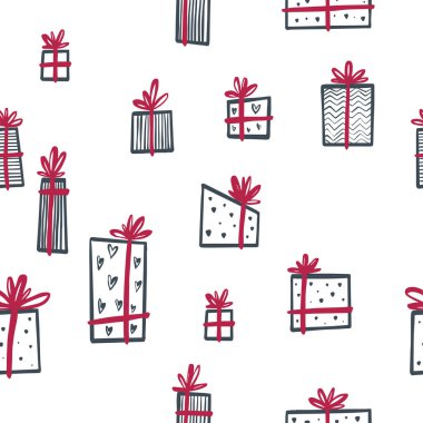 Elle çizilmiş Noel hediyeli desen. İskandinav tarzında, minimalist bir tasvir. Arkaplan, ambalaj, tekstil ve diğer tasarımlar için.