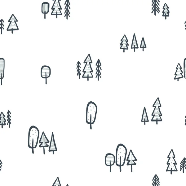 Pattern with hand-drawn trees. Illustration in a Scandinavian, minimalistic style. For backgrounds, packaging, textile and various other designs. — Stock Vector