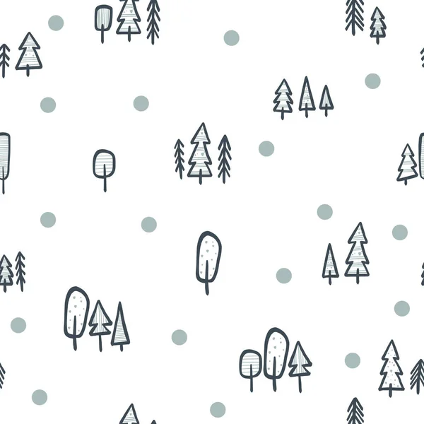 손으로 뽑은 나무들이 있는 패턴. 스칸디나비아식으로 최소화 된 예를 들어 보자. 배경을 위해, 포장, 직물 및 기타 다양 한 디자인. — 스톡 벡터