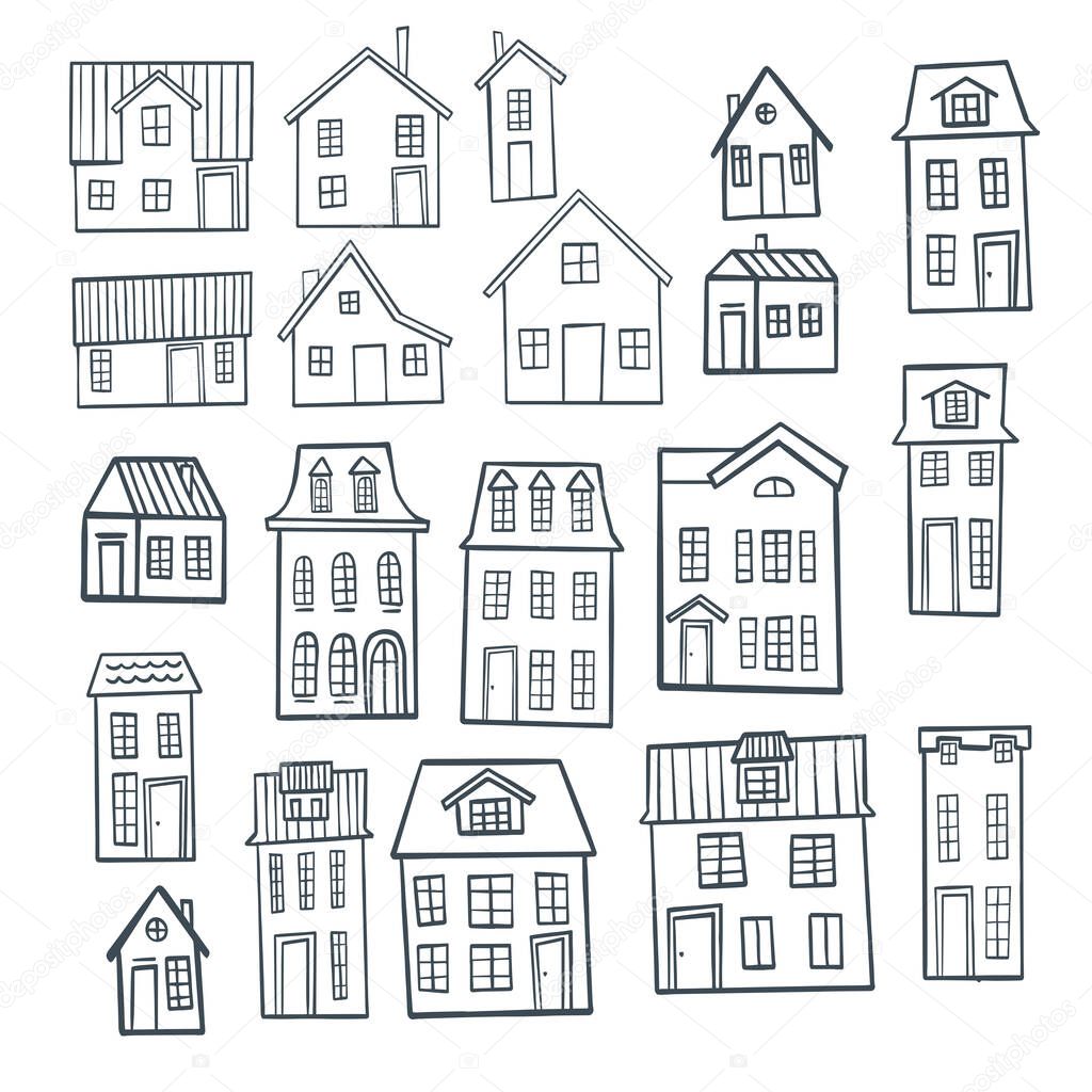 Set of old european houses isolated on vintage background. Hand drawn sketch in doodle style. Vector image, clipart, editable details. Fairytale houses for stickers or coloring books