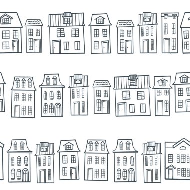 Eski Avrupa evleri ve bağbozumu arka planda izole edilmiş ağaçlar. Elle çizilmiş bir eskiz. Vektör resmi, clipart, düzenlenebilir detaylar.