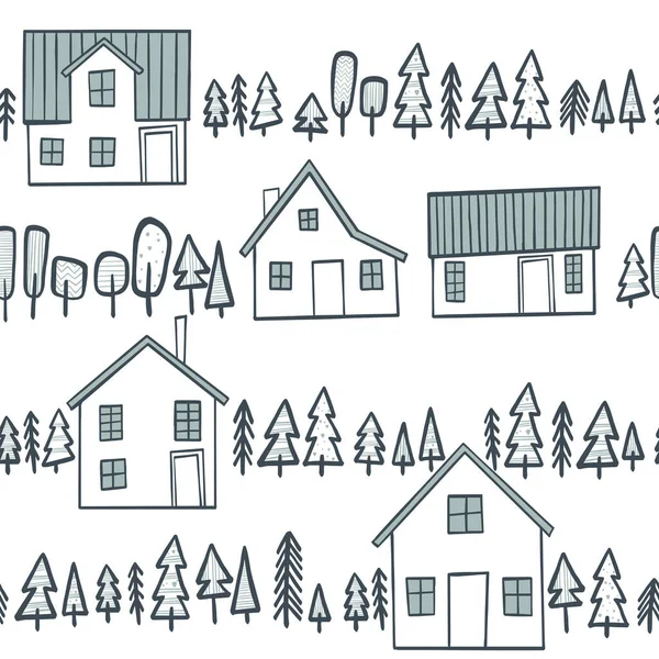 Motif avec de vieilles maisons européennes et des arbres isolés sur fond vintage. Esquisse dessinée à la main dans un style doodle. Image vectorielle, clipart, détails modifiables. — Image vectorielle