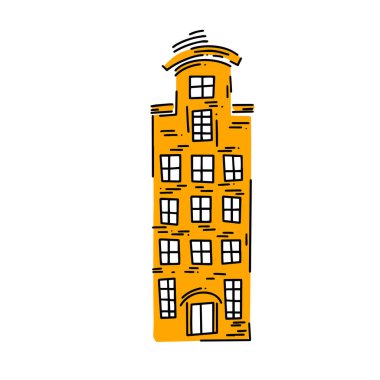 Avrupa 'nın eski klasik evleri. Elle çizilmiş bir eskiz. Vektör resmi, clipart, düzenlenebilir detaylar. Çıkartmalar ve çocuk kitapları için masal evi.