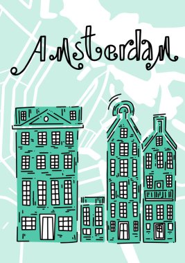Geleneksel Avrupa evleri olan bir poster. Karalama çizimi. Amsterdam 'dan selamlar. Amsterdam vektör elemanları ayarlandı. Seyahat ve Turizm Konsepti. Seyahat posteri, kartpostal ve reklam tasarımı.
