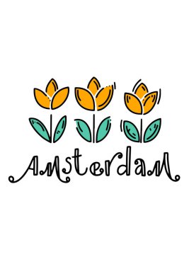 Amsterdam 'a hoş geldiniz. Amsterdam vektör elemanları ayarlandı. Seyahat ve Turizm Konsepti. Seyahat posteri, laleli kartpostal.