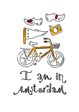 Amsterdam vektör elemanları ayarlandı. Seyahat ve Turizm Konsepti. Seyahat posteri, kartpostal. Elle çizilmiş bir eskiz. Vektör resmi, clipart, düzenlenebilir detaylar.