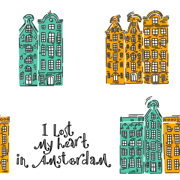 Втратив Серце Амстердамі Патерн Старими Вінтажними Будинками Малював Ескізи Стилі — стоковий вектор