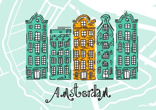 Poster Con Case Tradizionali Europee Illustrazione Doodle Saluti Amsterdam Amsterdam — Vettoriale Stock