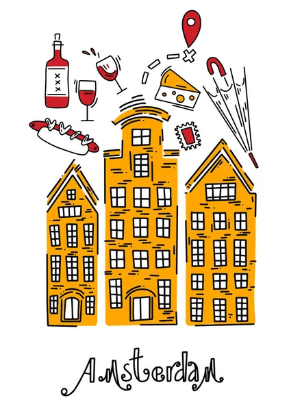 Постер Традиційними Європейськими Будинками Приклад Дудла Вітаю Амстердамом Векторні Елементи — стоковий вектор